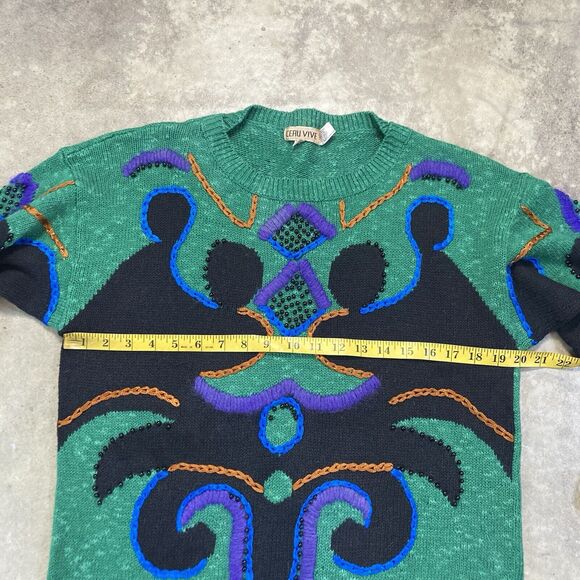 leau Vive‎ Sweater Womens Medium Green Knit Geometric Linen Blend Vtg 90s - Picture 2 of 7